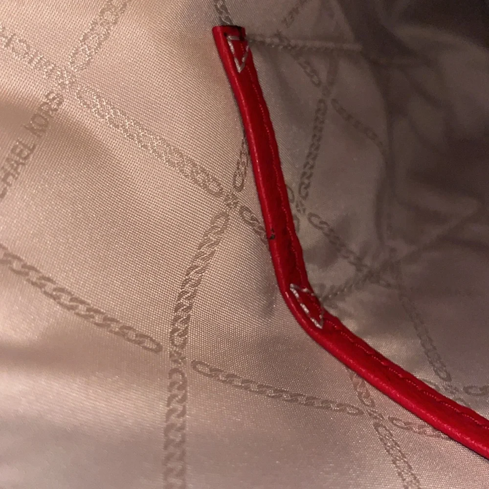 Michael Kors Rhea Zip Vegan Pebbled Leather Slim Backpack Bright Red Gold EUC